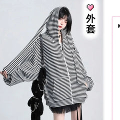 Striped Rabbit Ear Hooded Knitted Cardigan Coat