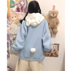 Kawaii Rabbit Ear Sweater Long Sleeve Loose Casual Embroidered Zipper Hoodie