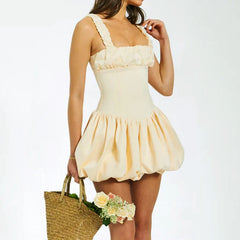 Vintage Bubble Square Collar Pleated Mini Dress