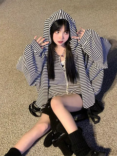 Striped Rabbit Ear Hooded Knitted Cardigan Coat