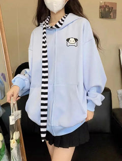 Kawaii Rabbit Ear Sweater Long Sleeve Loose Casual Embroidered Zipper Hoodie