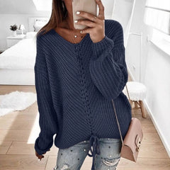 Women Oversize Lace Up V-Neck Knit Top sweater