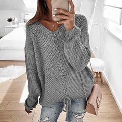 Women Oversize Lace Up V-Neck Knit Top sweater