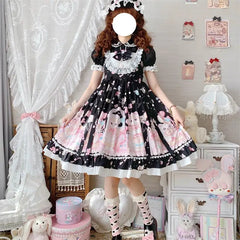 Sweet Lolita Style Square Collar Cat Printing Designe Dress