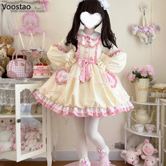 Kawaii Lolita Sweet Bow Ruffles Cartoon Bunny Long Sleeve Mini Dresses