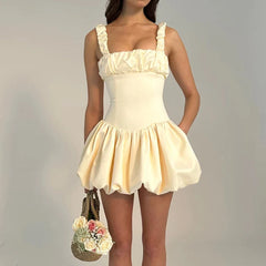 Vintage Bubble Square Collar Pleated Mini Dress