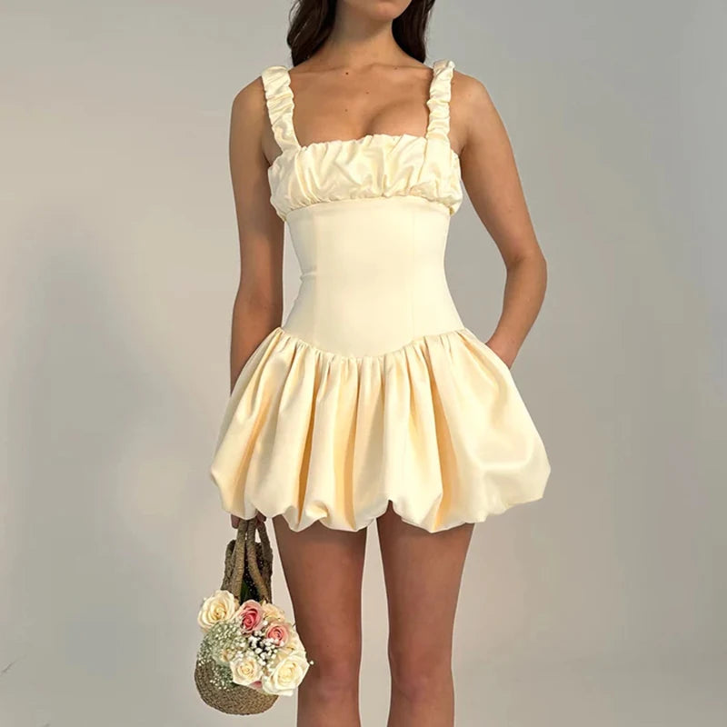 Vintage Bubble Square Collar Pleated Mini Dress