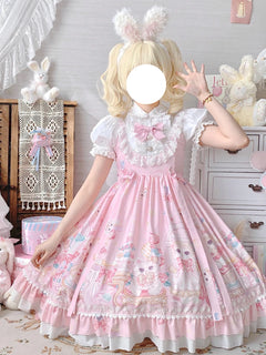 Sweet Lolita Style Square Collar Cat Printing Designe Dress