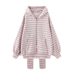 Striped Rabbit Ear Hooded Knitted Cardigan Coat