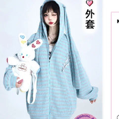Striped Rabbit Ear Hooded Knitted Cardigan Coat