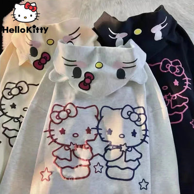Hello Kitty Cute Cardigan Hoodie Female Loose Oversize Hooded Sweater