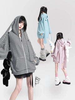 Striped Rabbit Ear Hooded Knitted Cardigan Coat