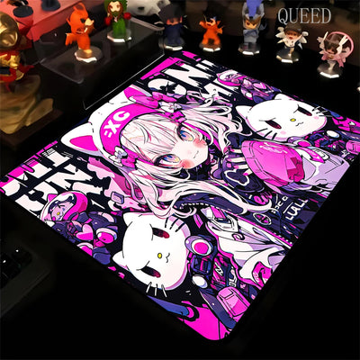 Anime Girl and Cat Kawaii Mousepad Large