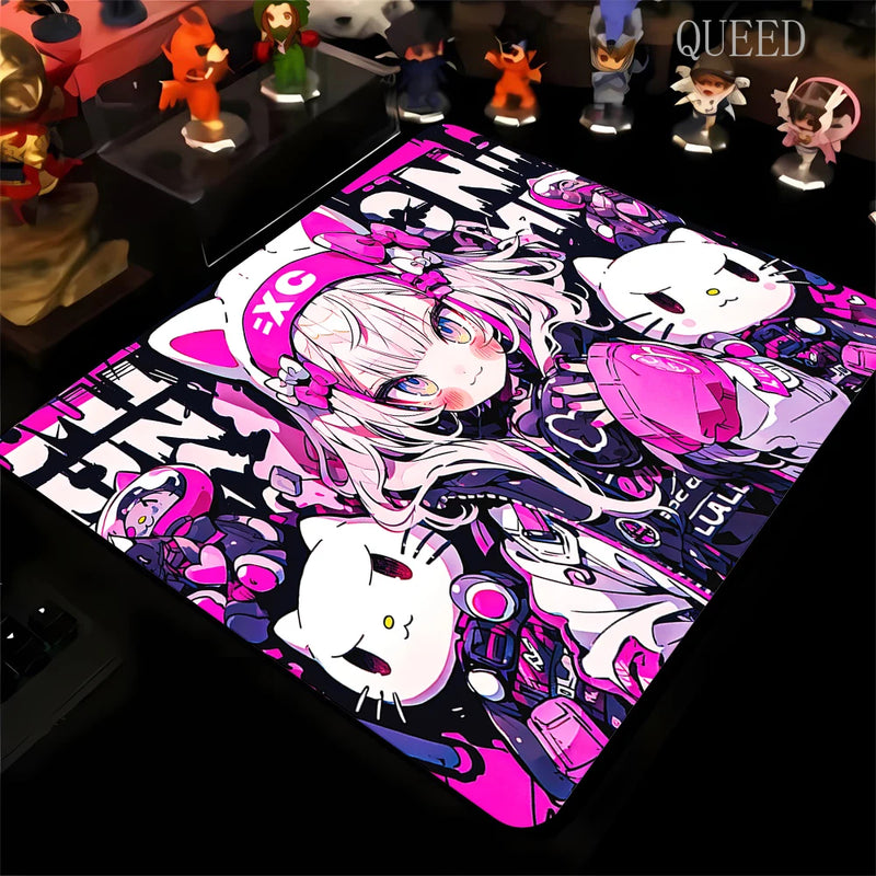 Anime Girl and Cat Kawaii Mousepad Large