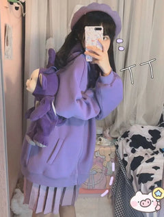 Kawaii Rabbit Ear Sweater Long Sleeve Loose Casual Embroidered Zipper Hoodie