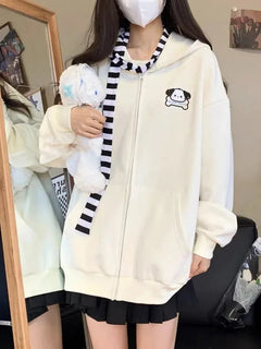 Kawaii Rabbit Ear Sweater Long Sleeve Loose Casual Embroidered Zipper Hoodie
