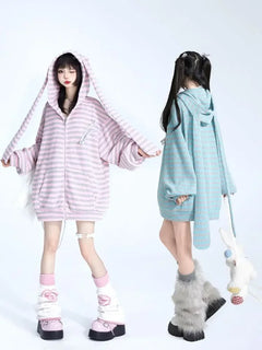 Striped Rabbit Ear Hooded Knitted Cardigan Coat