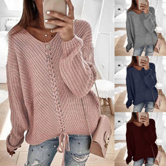 Women Oversize Lace Up V-Neck Knit Top sweater