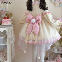 Kawaii Lolita Sweet Bow Ruffles Cartoon Bunny Long Sleeve Mini Dresses