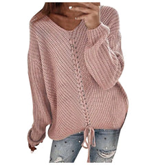 Women Oversize Lace Up V-Neck Knit Top sweater