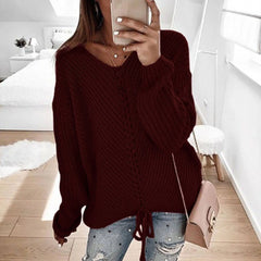 Women Oversize Lace Up V-Neck Knit Top sweater