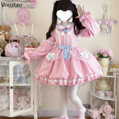 Kawaii Lolita Sweet Bow Ruffles Cartoon Bunny Long Sleeve Mini Dresses