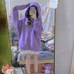 Kawaii Rabbit Ear Sweater Long Sleeve Loose Casual Embroidered Zipper Hoodie