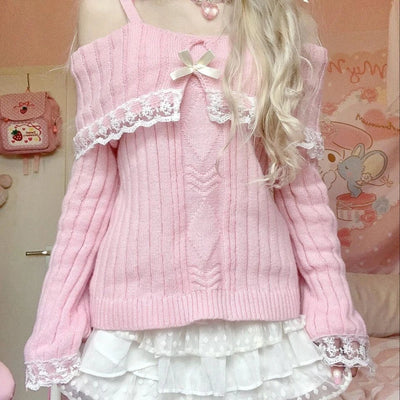 Harajuku Sweater Kawaii Lace Trim Off Shoulder Pullovers