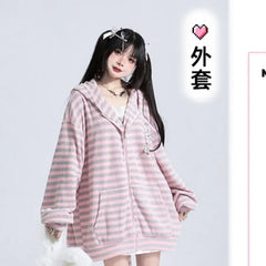 Striped Rabbit Ear Hooded Knitted Cardigan Coat