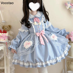 Kawaii Lolita Sweet Bow Ruffles Cartoon Bunny Long Sleeve Mini Dresses