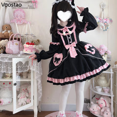 Kawaii Lolita Sweet Bow Ruffles Cartoon Bunny Long Sleeve Mini Dresses