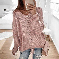 Women Oversize Lace Up V-Neck Knit Top sweater