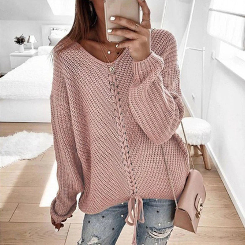 Women Oversize Lace Up V-Neck Knit Top sweater
